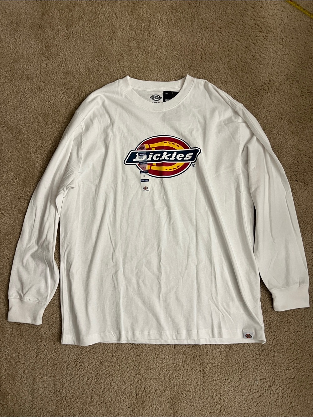 Dickies White Long Sleeve Tee with Red & Yellow Logo Patch